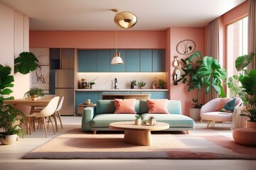 Fototapeta premium Pleasant studio apartment interior design, modern living room and kitchen