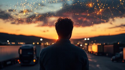 Fototapeta premium Silhouette of a Man with a Network of Lights in the Sunset