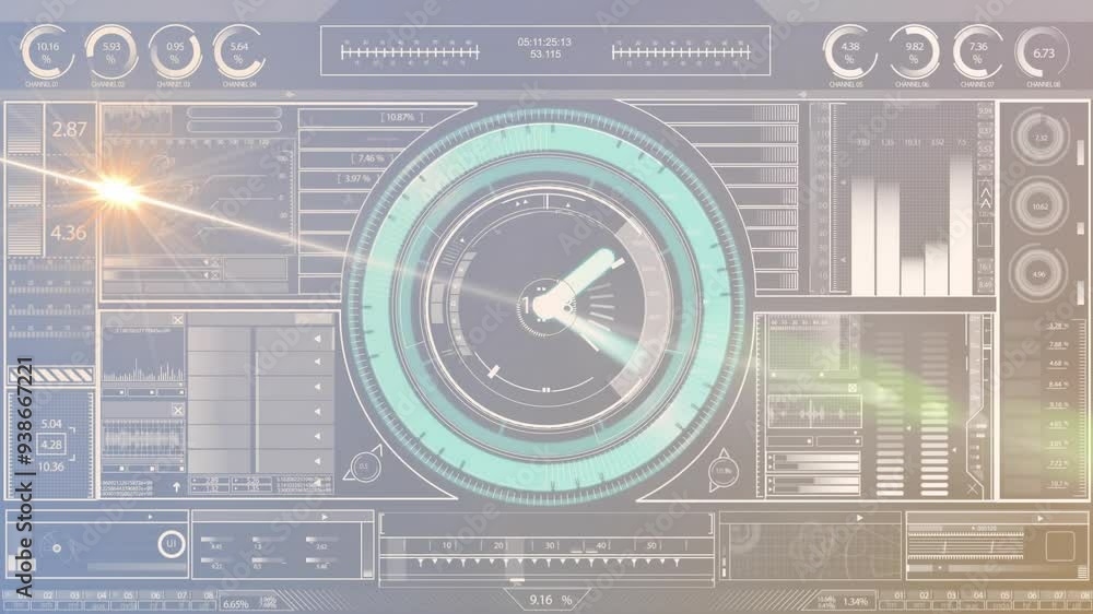 Poster data processing animation with circular gauge on futuristic interface