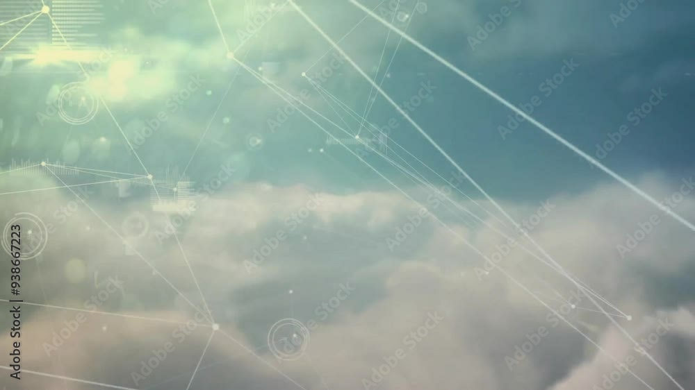Poster network connections and data processing animation over clouds in sky