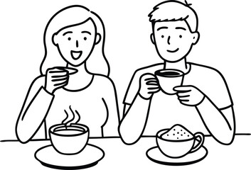 people eating coffe line art illustration black and white