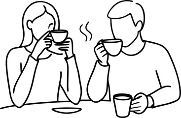 people eating coffe line art illustration black and white