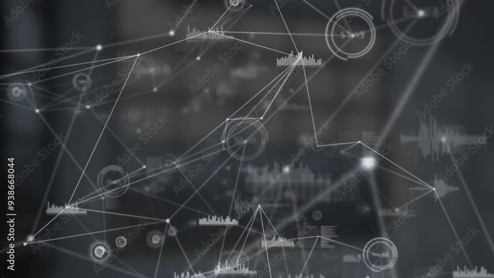 Poster network of connections and data processing animation over dark blurred background
