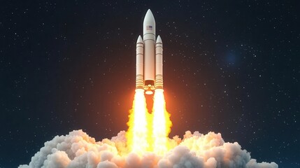 A 3D effect of a rocket launching into space, with flames and smoke bursting out, 3D effect, rocket, space