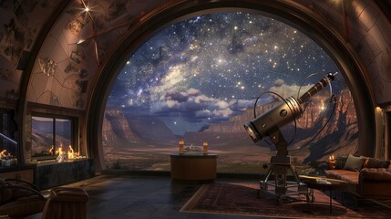 "Silent Night at the Observatory: A Serene Panorama of the Starry Sky Through a Telescope, Moonlight Bathing the Interior with Tranquil Elegance."


