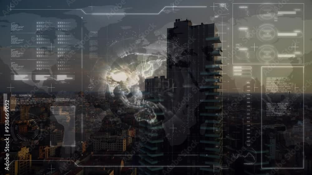 Aufkleber futuristic data processing animation over cityscape with tall building at sunset