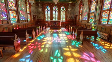 Obraz premium Serene Solitude: The Tranquil Beauty of an Uninhabited Chapel, Wooden Pews Bathed in Dappled Light from Stained Glass Windows, Reflecting a Peaceful Atmosphere