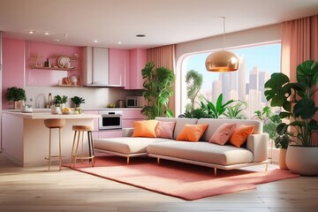 Pleasant studio apartment interior design, modern living room and kitchen