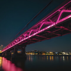 a bridge with pink lights over a body of water
