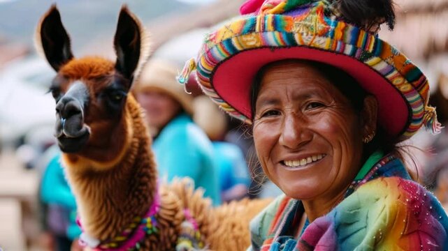 Smiling native indigenous people of Peru dressed in colorful native clothes