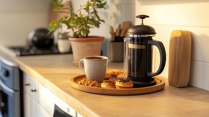 Charming Coffee Station Poster: Enhance Your Space with a Cozy French Press, Ceramic Mug, and Pastry Display on Light Wood Countertop – Perfect for Home or Café Decor!
