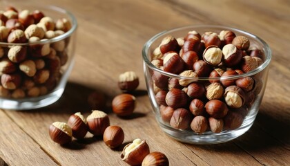 Obraz premium Nutty Delights A closeup view of a wooden table adorned with two glasses filled with almonds and walnuts