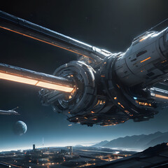 Obraz premium spaceship flying over a city at night with a distant city in the background