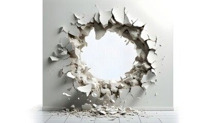 hole breaking through white wall, transparent background, cut out, clipping path, PNG