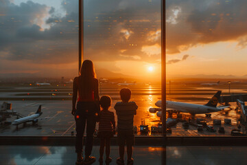 As sun rose on a bright summer morning, family stood in airport terminal, gazing out wide-angle...