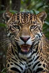 Obraz premium Crouching jaguar between trees 