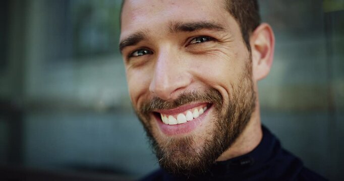 Athlete, man and face in city fitness, workout and training for marathon, wellness and healthy cardio in Germany. Portrait, closeup and happy smile for runner in urban exercise, sports and challenge