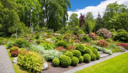 Obraz premium Vibrant garden oasis under a clear sky