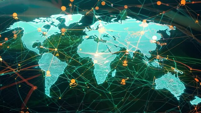 Global Network: A futuristic abstract world map pulsates with vibrant, interconnected lines, symbolizing the interconnectedness of our globalized society.  