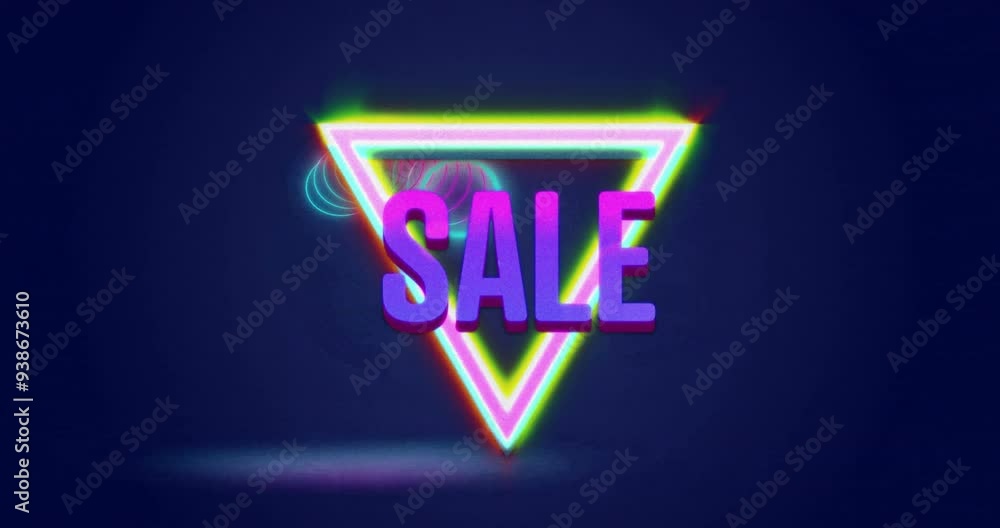 Poster animation of neon triangle with sale text over dark background