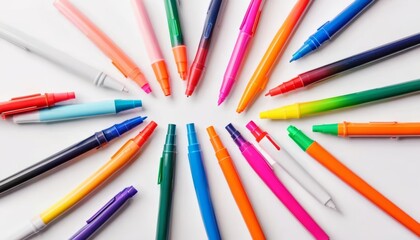  Vibrant array of colorful pens on white background