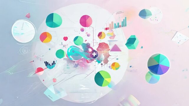 Data Visualization: A vibrant and abstract representation of data analysis, featuring colorful charts, graphs, and geometric shapes floating in a dynamic composition. Perfect for illustrating the comp