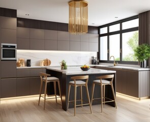 Residential interior of modern kitchen in luxury mansion, 3d rendering