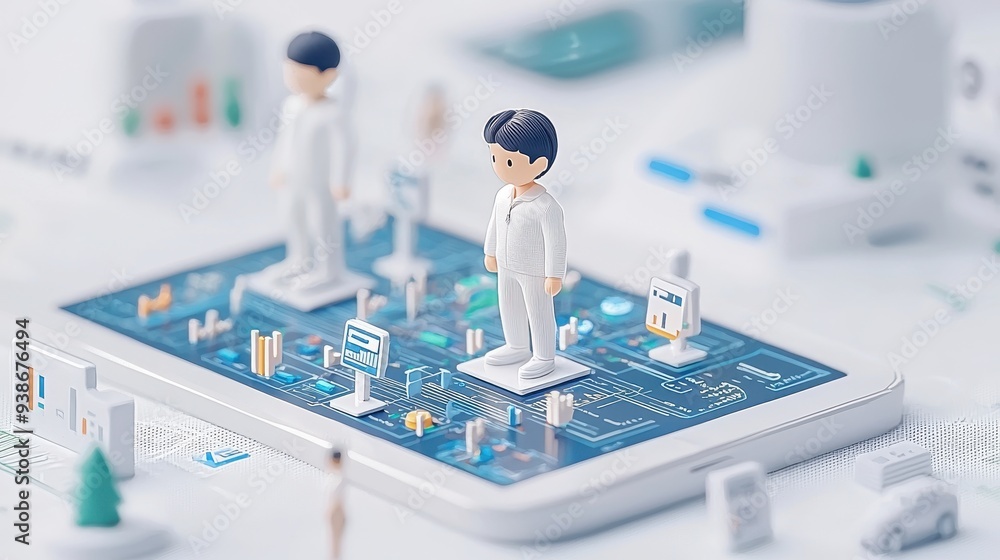 Aufkleber miniature figures standing on a tablet with data visualizations and graphs