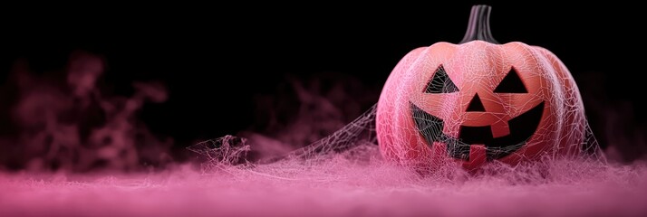 Spooky Halloween Background with Purple Mist, Sinister Pumpkin, and Spider Webs, Generative Ai