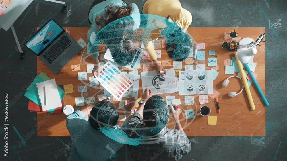 Poster top view of creative designer working together brainstorming idea by using sticky notes at meeting t