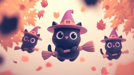 Halloween Magic - Playful 3D Render with Black Cats, Witch Hats, and Broomsticks in Orange and Purple Hues, Generative Ai