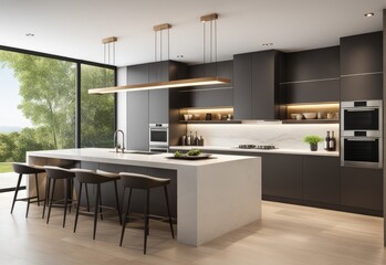 Residential interior of modern kitchen in luxury mansion, 3d rendering