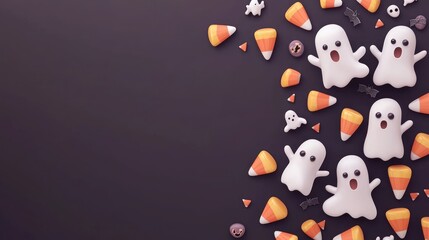 Spooky Halloween Invitation with 3D Candy Corn and Ghosts on Dark Purple Background, Generative Ai