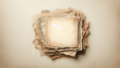 An empty, aged paper frame surrounded by layers of torn, textured paper with rough edges, in a...