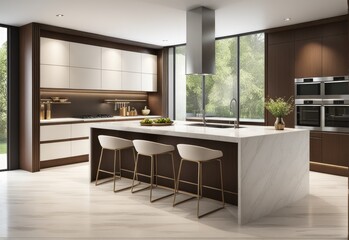 Residential interior of modern kitchen in luxury mansion, 3d rendering