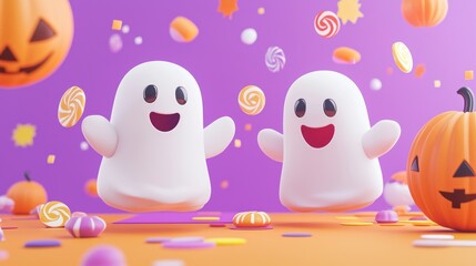 Obraz premium Spooky Fun: Whimsical 3D Halloween Poster with Playful Cartoonish Ghosts, Candy, and Confetti in Vibrant Orange and Purple, Generative Ai