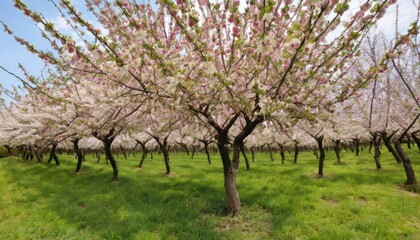 Obraz premium Blooming orchard under a clear sky