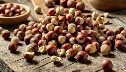  Nutty Delight  A pile of fresh cracked walnuts on a rustic wooden surface
