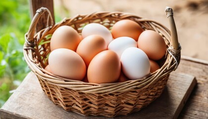  Freshly laid organic eggs in a rustic basket