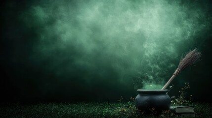 Enchanting 3D Halloween Scene with Witch's Broom, Cauldron, and Spellbook in Ominous Misty Setting, Generative Ai