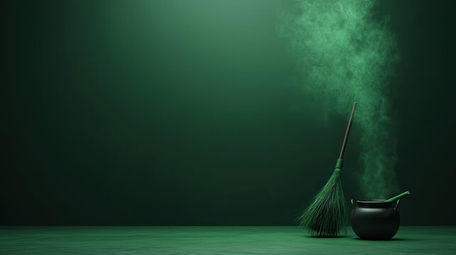 Mystical 3D Halloween Scene with Witch's Broom, Cauldron, and Spellbook Enveloped in Green Mist on Dark Background, Generative Ai