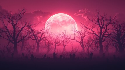Spooky 3D Halloween Scene with Moonlit Graveyard and Skeletal Trees in Orange and Purple Light, Generative Ai