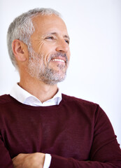 Thinking, happy and mature business man in studio for problem solving, brainstorming and solution. Professional, corporate worker and face of person on white background for career, job or inspiration