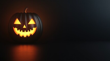 Fototapeta premium Sinister 3D Halloween Banner with Glowing Jack-o'-lantern Face on Dark Background, Generative Ai