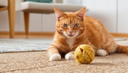  Playful feline with yarn ball ready for fun