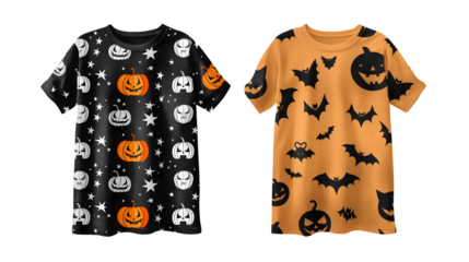 t shirt print halloween black white with smiling pumpkins and bats on transparent background 