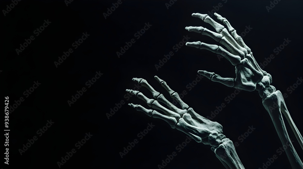 Poster haunting image of skeletal hands reaching out from a dark background conveying a sense of eerie fore