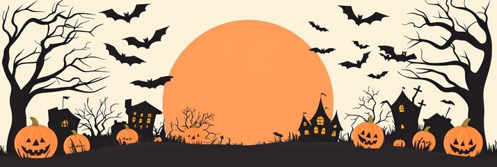 Enchanting Spooky Halloween Invitation Featuring Pumpkin Patch, Haunted House, Full Moon & Bats, Generative Ai