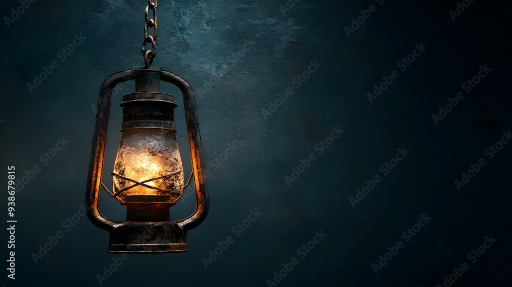 Poster a haunting image of a spooky old lantern hanging from a rusty chain isolated against a dark moody ba