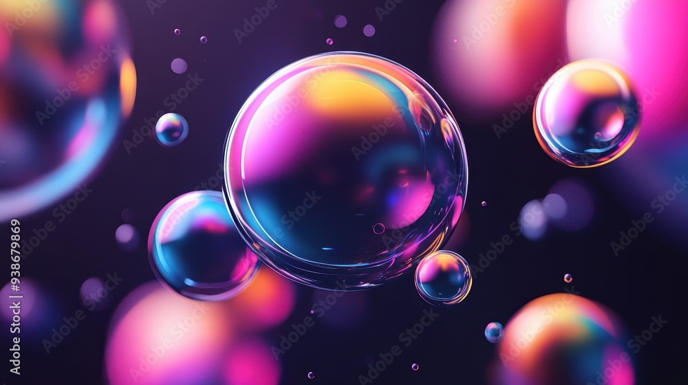 Poster abstract iridescent bubbles floating in space
